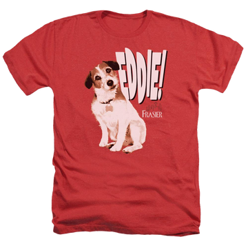 Red men's heather t-shirt with Frasier Eddie graphic