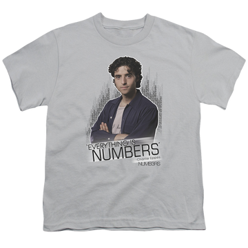 Silver youth t-shirt for ages 8 to 12 with Everything Is Numbers graphic