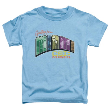 Carolina blue toddler t-shirt with CSI Miami Greeting From Miami graphic