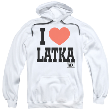 White pullover hoodie with Taxi I Heart Latka graphic