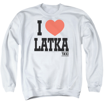 White men's crewneck sweatshirt with Taxi I Heart Latka graphic