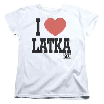White women's t-shirt with Taxi I Heart Latka graphic