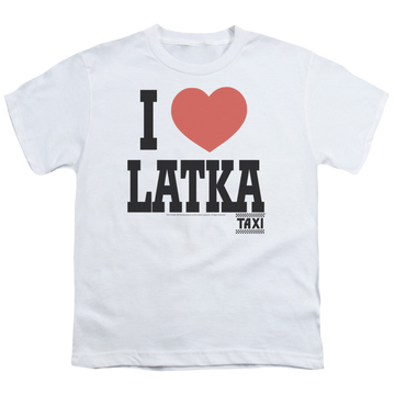 White youth t-shirt for ages 8 to 12 with Taxi I Heart Latka graphic