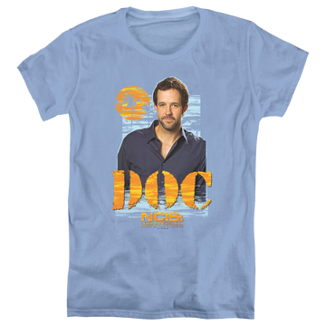 Carolina blue women's t-shirt with NCIS Los Angeles Doc graphic