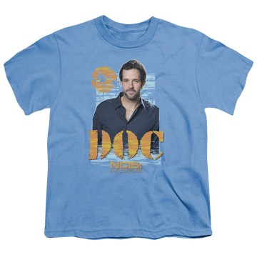 Carolina blue youth t-shirt for ages 8 to 12 with NCIS Los Angeles Doc graphic
