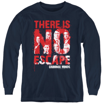 Navy youth long sleeve t-shirt with Criminal Minds No Escape graphic