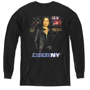 Black youth long sleeve t-shirt with CSI New York Jo graphic