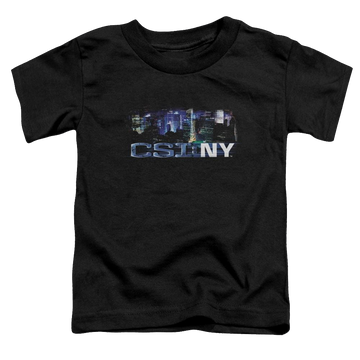 Black toddler t-shirt with CSI New York Never Rests graphic