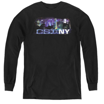 Black youth long sleeve t-shirt with CSI New York Never Rests graphic