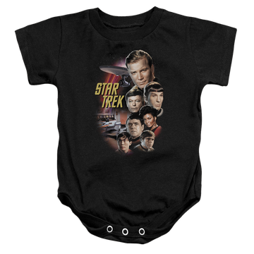 Black baby bodysuit with Star Trek The Classic Crew graphic