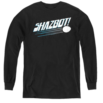 Black youth long sleeve t-shirt with Mork & Mindy Shazbot Egg graphic