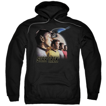 Black pullover hoodie with Star Trek Forward To Adventure graphic