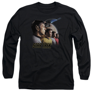 Black men's long sleeve t-shirt with Star Trek Forward To Adventure graphic
