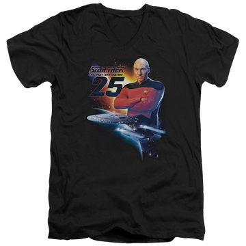 Black men's v-neck t-shirt with Star Trek Tng 25 graphic