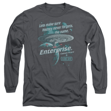 Charcoal men's long sleeve t-shirt with Star Trek Never Forget graphic