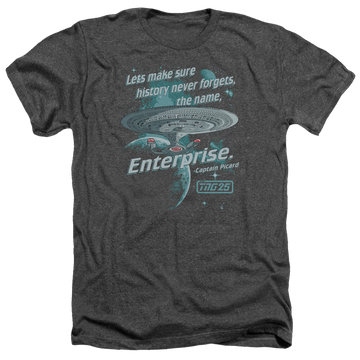 Charcoal men's heather t-shirt with Star Trek Never Forget graphic