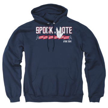 Navy pullover hoodie with Star Trek Spock The Vote graphic