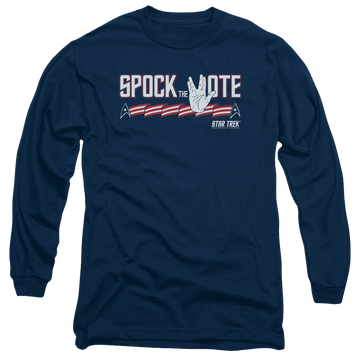 Navy men's long sleeve t-shirt with Star Trek Spock The Vote graphic