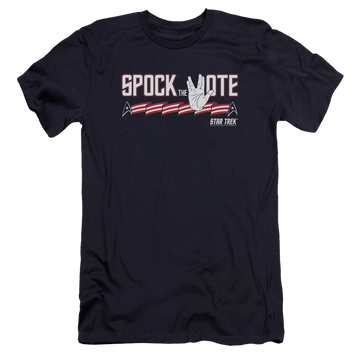 Navy men's premium slim fit t-shirt with Star Trek Spock The Vote graphic