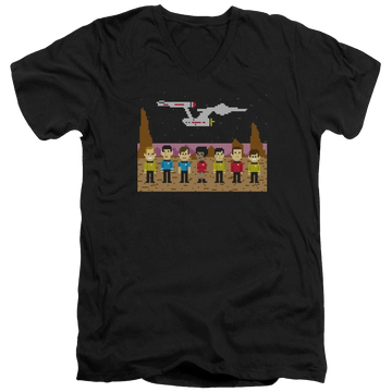 Black men's v-neck t-shirt with Star Trek Tos Trexel Crew graphic