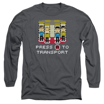 Charcoal men's long sleeve t-shirt with Star Trek Press A To Transport graphic