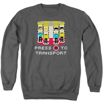 Charcoal men's crewneck sweatshirt with Star Trek Press A To Transport graphic