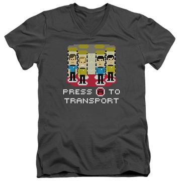 Charcoal men's v-neck t-shirt with Star Trek Press A To Transport graphic