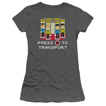 Charcoal juniors t-shirt with Star Trek Press A To Transport graphic