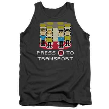 Charcoal men's tank with Star Trek Press A To Transport graphic