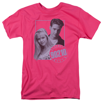 Hot pink men's regular fit t-shirt with Beverly Hills 90210 Brandon & Kelly graphic