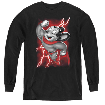 Black youth long sleeve t-shirt with Mighty Mouse Mighty Storm graphic