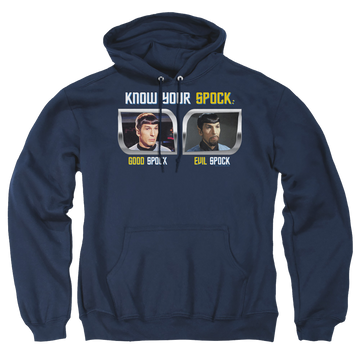 Navy pullover hoodie with Star Trek Know Your Spock graphic