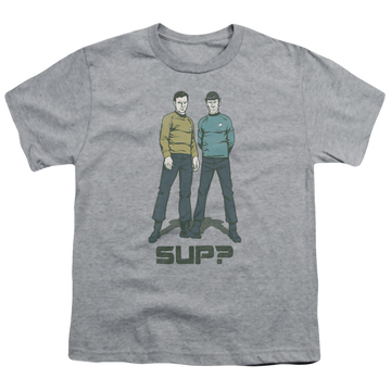 Athletic heather youth t-shirt for ages 8 to 12 with Star Trek The Original Series Sup graphic