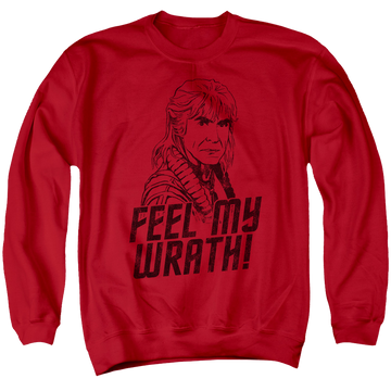Red men's crewneck sweatshirt with Star Trek My Wrath graphic