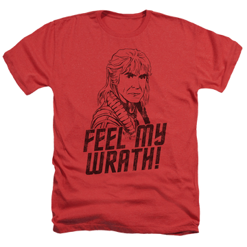 Red men's heather t-shirt with Star Trek My Wrath graphic