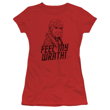 Red juniors t-shirt with Star Trek My Wrath graphic