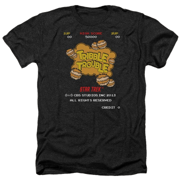 Charcoal men's heather t-shirt with Star Trek Tribble Trouble graphic