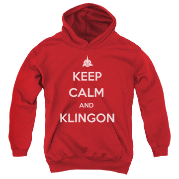 Red youth hoodie for ages 8 to 12 with Star Trek The Next Generation Calm Klingon graphic