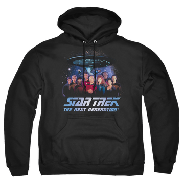 Black pullover hoodie with Star Trek Space Group graphic