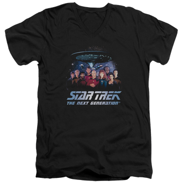 Black men's v-neck t-shirt with Star Trek Space Group graphic