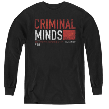 Black youth long sleeve t-shirt with Criminal Minds Title Card graphic