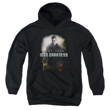 Black youth hoodie for ages 8 to 12 with Star Trek Movies Darkness Kirk graphic