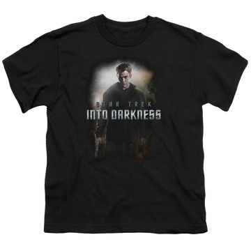 Black youth t-shirt for ages 8 to 12 with Star Trek Movies Darkness Kirk graphic