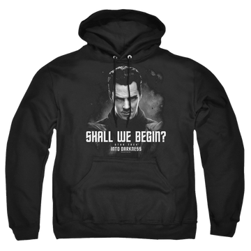 Black pullover hoodie with Star Trek Shall We Begin graphic