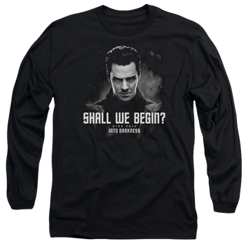 Black men's long sleeve t-shirt with Star Trek Shall We Begin graphic