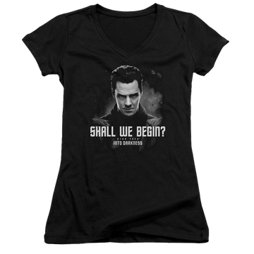 Black juniors v-neck t-shirt with Star Trek Shall We Begin graphic