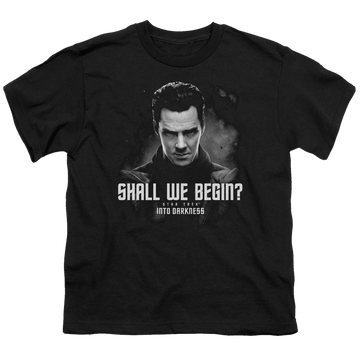 Black youth t-shirt for ages 8 to 12 with Star Trek Movies Shall We Begin graphic