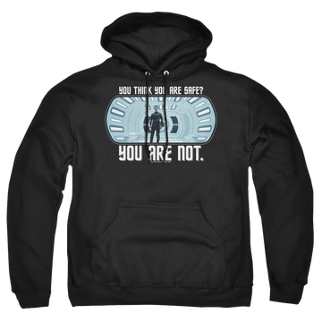 Black pullover hoodie with Star Trek Not Safe graphic