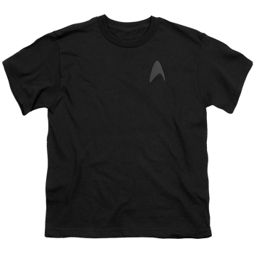 Black youth t-shirt for ages 8 to 12 with Star Trek Movies Darkness Command Logo graphic