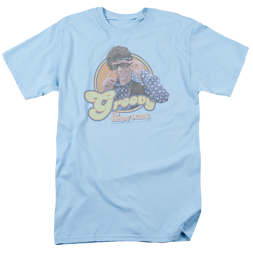 Light blue men's regular fit t-shirt with Brady Bunch Groovy Greg graphic